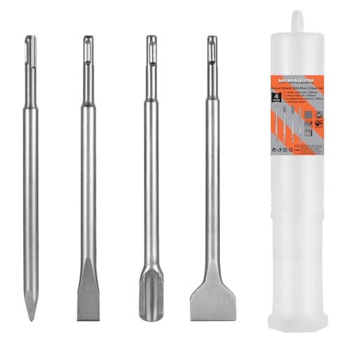 HPMAISON Juego de cinceles SDS Plus, juego de 4 cinceles de martillo SDS Plus con cincel de pala, cincel plano, cincel de punta, cincel en forma de U para hormigón, pared de ladrillo, azulejos de