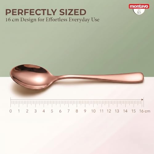 Image of Montavo by FnS 12 Pieces Stainless Steel Dinner Spoon Set | Premium PVD Rose Gold Mirror Finish | Rust Resistant, Dishwasher Safe | Luxury 16cm Table Spoons for Home, Kitchen, Restaurant & Gifting