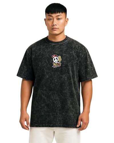 Image of VEL 240 GSM Heavy Pure Cotton Men's Graphic Print Oversized Fit Half Sleeve Round Neck Cotton Acid Wash Print T-Shirt (in, Alpha, L, Regular, 1, Cloud War)