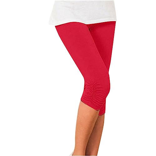 2025 - Leggings acortados casuales de moda elásticos plisados para mujer con tendón colgante pantalones cortos de lápiz Leggings con estampado de mujer negro, rojo, L
