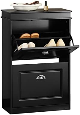 Haotian Black 2 Flip-Drawers Slim Shoe Cabinet, Shoe Rack with Doors, Shoe Storage Cupboard Organizer Unit for Entryway, Hallway and Bedroom, FSR78-SCH