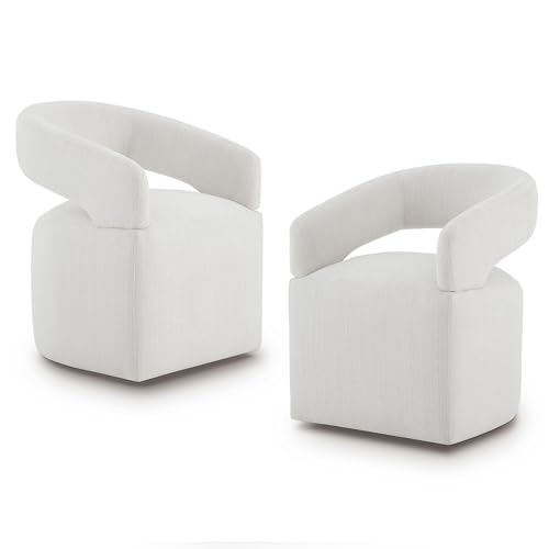 Image of KISLOT Upholstered Dining Chairs Set of 2, Modern Rolling Dining Chairs with Hidden Casters, Arm Kitchen Chairs with Linen Look Fabric, Padded Barrel Chairs for Dining Room, Kitchen, Light Linen