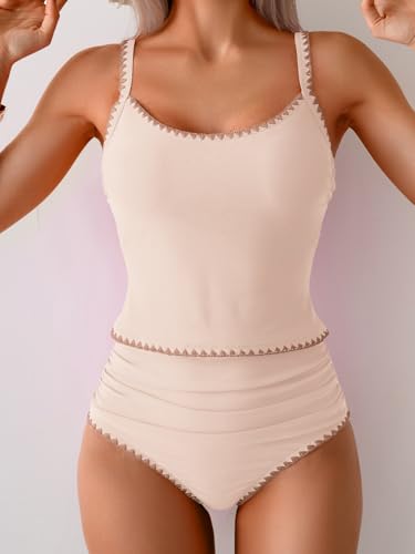 Image of Eomenie Tankini Swimsuit for Women Tummy Control Ruched Two Piece Bathing Suits High Waisted Shell Stitch Swimwear