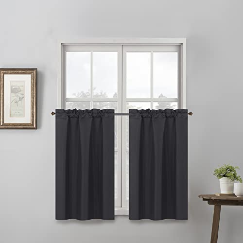 Easy Home 3Pc Blackout Window Curtain Set 2 Tier +1 Valance For Kitchen, Living Room ,Thermal Insulated ,Room Darkening , Rod Pocket Top Panel Drape . (Black) #TOP2