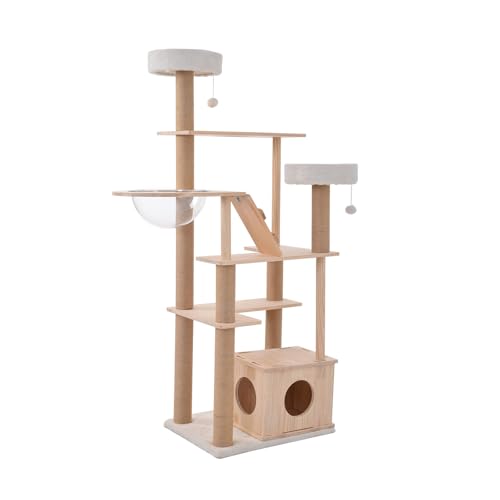 キャットタワー 木製 猫 キャットタワー 猫爬架 宇宙船付き 麻紐支柱 爪とぎ おもちゃ付き 上りやすい クリアボウル 省スペース 多頭飼い 角丸