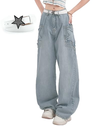 YINGWIN Star Jeans mit Gürtel Y2k Boyfriend Baggy Jeans Damen Aesthetic Stuff 90er Jahre Outfit Damen
