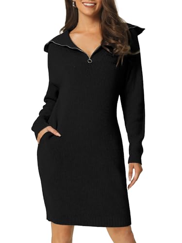 Seta T Women's 2023 Long Sleeve Sweater Dress Quarter Zip V Neck Ribbed Knit Dress with Pockets Loose Fit Sweater