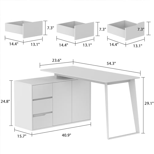 Image of Homsee Home Office Computer Desk Corner Desk with 3 Drawers, 2 Shelves & 2 Doors, 55 Inch Large L-Shaped Study Writing Table with Storage Cabinet, White & Brown (54.3 inchL x 40.9 inchW x 29.1 inchH)