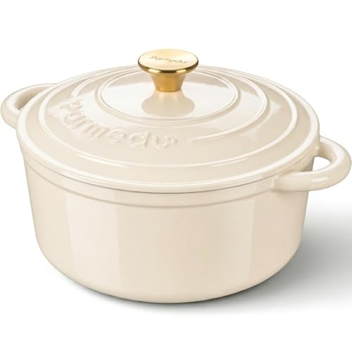 Parmedu Schmortopf aus emailliertem Gusseisen, 5,5 l Topf mit Deckel, Doppelgriff, robustes Kochgeschirr zum Schmoren, Eintöpfe, Braten, Brotbacken, Cremiges Gelb