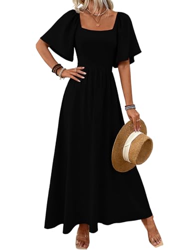 LIAMERHE Robe Longue Femme Été Élégante Col Carré Manches Volantes Chic Robes Maxi Ligne A Manches Courtes Taille Haute Fluide Style Bohème Robe de Plage...