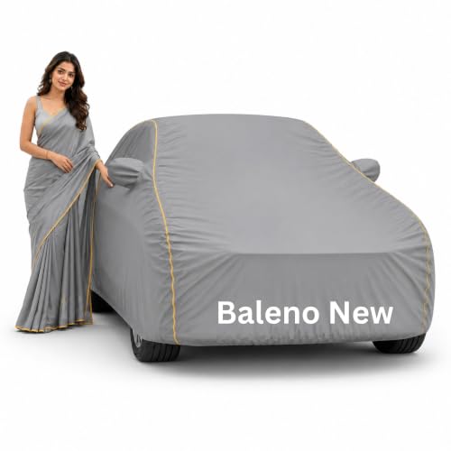 Image of 100% Waterproof Car Cover for Baleno New All Weather Protection with Mirror Pocket Inner Cotton Layer Triple Stitched Cover with Adjustable Belt Bottom Elastic to Secure Fit-Grey
