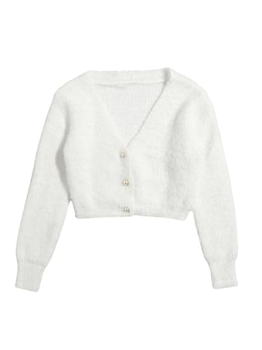 GORGLITTER Women's Chunky Fuzzy Crop Sweater Cardigan Pearl Button Down Long Sleeve Open Front Shrug Knit Cardigan 2025