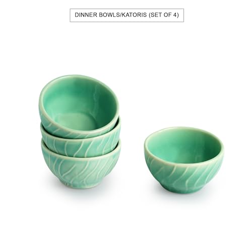 Image of ExclusiveLane 'Caribbean Green' Ceramic Dinner Set Ceramic Plates for Dinner Plates with Bowls Katoris (8 Pieces, Serving for 4, Dishwasher & Microwave Safe, Sea-Green) |Dinnerware Ceramic Serveware