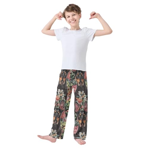 Doberman and Florals Boys Long Pants Soft Trousers Elastic Waist Kids Lounge Bottoms with Pockets S-XL2