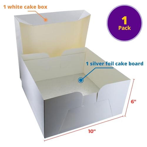 DecoPac 10\" Square Silver Cake Drum Board & White Cake Box Combo, 10 Inch Square Bakery Box and Matching Cake Plate Set For Cake, Dessert, Pie, And Cookie Transport