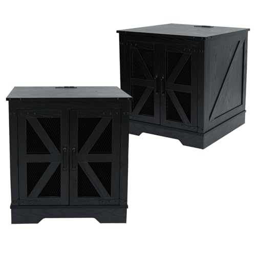 Farmhouse Nightstand with Charging Station Set of 2, Side Table with Barn Door and Storage, Rustic Wood Bedside Table, End Table for Living Room and Bedroom, Black