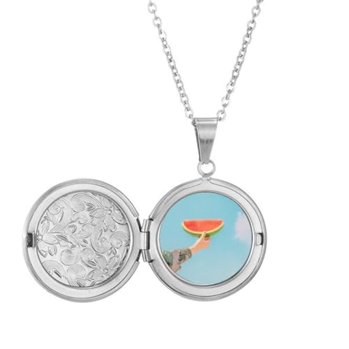 Collier médaillon bleu pastèque et nature porte-photo en acier
