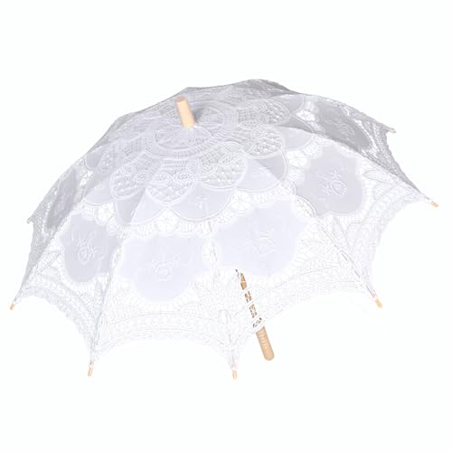Solnique Vintage Lace Parasol Umbrella 32 Inch – Bridal Wedding Decoration Umbrella for Photoshoot, Tea Party, Victorian Style Sunshade for Women and Adults (White)
