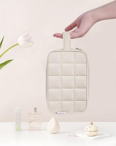 Image of Narwey Quilted Makeup Bag Puffy Make up Bag Cosmetic Bag Organizer, Puffer Travel Toiletry Bag for Traveling Women Girl, Travel Bag for Toiletries, Skincare Medicine Bags (Beige)