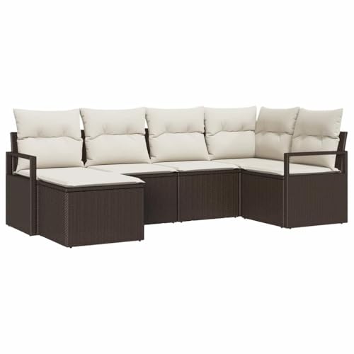 vidaXL Set de Sofá Modular de Jardín de 6 Piezas con Cojines Marrón de Rattan Sintético, para 5 Personas, Resistente al Clima. Muebles Modernos para Patio, Terraza y Lounge en Verano.