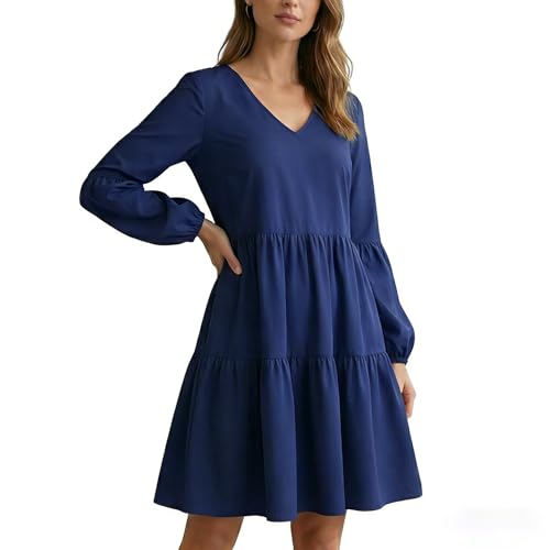 Vestidos de Mujer Manga Larga Vestido Casual Cuello V Vestidos Sueltos de Camiseta T-Shirt Túnica Negro Color sólido Vestido Midi Moda Chic Playa Vacaciones