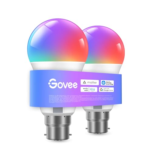 Govee RGBWW Smart Bulb B22, Work with Matter, Samsung SmartThings, Alexa and Google Assistant, Energy Saving WiFi Alexa Light Bulbs, 9W, 800LM, 16 Million Colors, 54 Scenes, 2 Packs