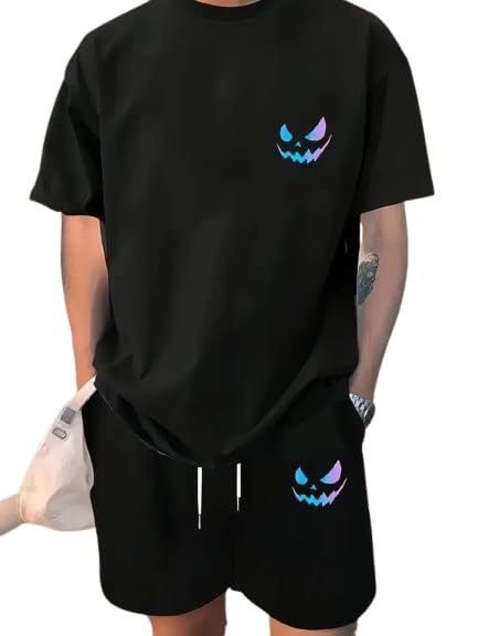 Men’s Tracksuit Co-Ord Set Black Oversized T-Shirt & Shorts with Graphic Print | Comfortable Cotton Blend Lounge Set for Men | Stylish Gym Sports Outfit Size L Theam Face Graphic-image-33