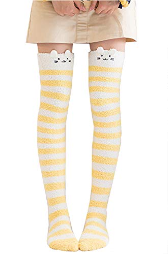Image of Hotmiss Womens Thigh High Fuzzy Socks Cute Over the Knee Stockings Winter Warm Stripe Leg Warmers