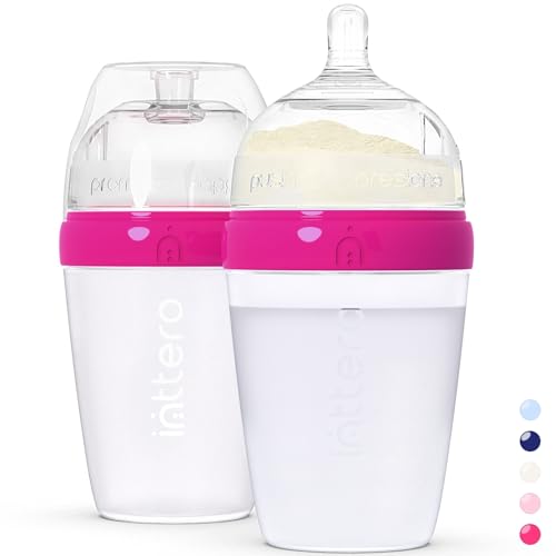 Image of INTTERO Baby Bottles with Built-in Formula Dispenser, Anti-Colic Wide Neck Design for Newborn Feeding and Everyday Baby Essentials, 9 Oz Medium Flow (2 Pack), Deep Magenta