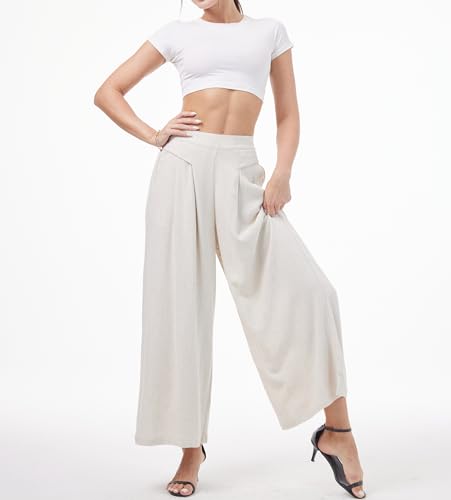 Fakanhui Women's Linen Crop Pants Plicated Capris Culottes Wide Leg Palazzo Pants Summer Casual Cotton Linen Pants2