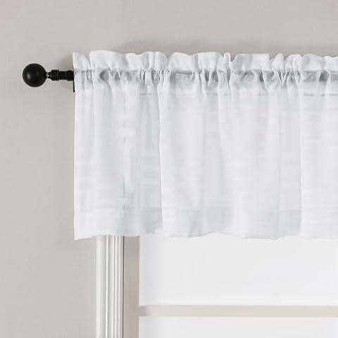 OWENIE White Valances for Windows, Clip Jacquard Textured Basement Window Curtains 2 Panels Set, Solid Geometric Semi Sheer Curtains for Bathroom Bedroom Dining Room Small Windows, 42Wx14L Inches Cover