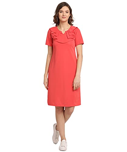 Image of OOMPH! Women's Western & Fusion wear Above Knee /Mid Thigh Length Sheath Red Dress in Lycra Blend Fabric with V Neck and Short Sleeve