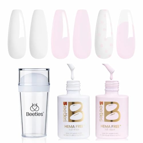 Beetles French Tip Gel Polish - Peach Mousse 15ML Full Size with French Tip Stamp Hema Free White Light Pink Gel Nail Polish Soak Off UV LED Lamp French Nail Kit Art for Summer Nails