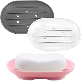 3 Pcs Silicone Soap Dishes, Soap Tray Dish Anti-Slip Soap Holder Self Draining Shower Soap Dish Holder Silicone Soap Container Soap Saver Dish for Shower Bathroom Kitchen Counter Top (Grey/White/Pink)