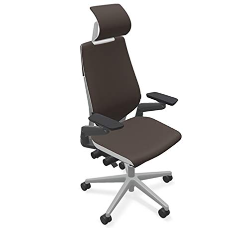 Steelcase Gesture Office Desk Chair with Headrest in Elmosoft Genuine Espresso L133 Leather Plus Lumbar Support Platinum Metallic Frame with Seagull Seat/Back Merle Arms (Light/Light)