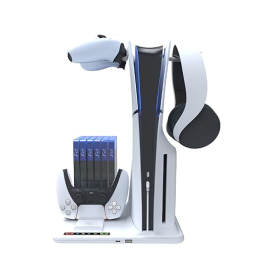 Soporte de refrigeración para PS5 Slim con estación de Carga de Controladores duales PS5, estación de enfriamiento para PS5 Slim Consola con Ranura para 6 Discos de Juego, con 2 colgadores | Ya disponible en tu tienda friki favorita! En mundofriki.es!
