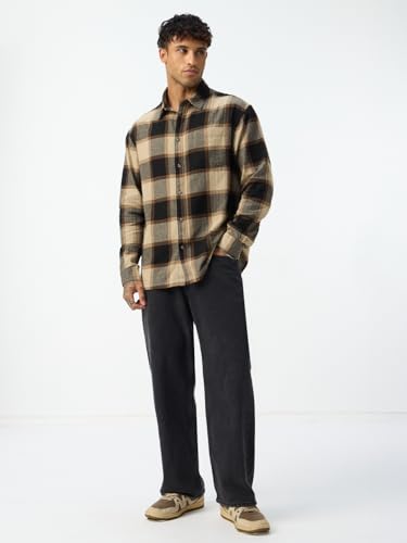 Image of The Souled Store: Sea-Side Men and Boys Long Sleeve Spread Collar Black and Tan Plaid Print Cotton Lightweight Easy to Style Everyday Office Wear Relaxed Shirt
