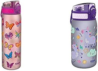 Ion8 Leak Proof Slim Water Bottle, BPA Free, Butterfly, 500ml (18oz) & Leak Proof Kids' Water Bottle, BPA , 400ml / 13oz, Unicorns