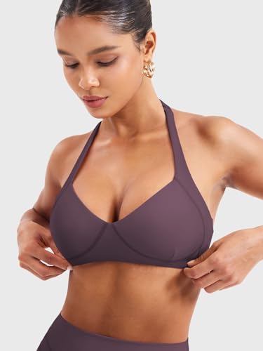 Image of YEOREO Women Halter Sports Bra Light Support V Neck Padded Strappy Open Back Workout Gym Tops