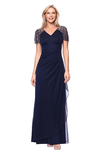 Image of Xscape Floor Length Jersey Knit Evening Gown with V-Neckline, Beaded Flutter Sleeves and Ruched Draping