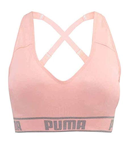 PUMA Women's Seamless Sports Bra Removable Cups - Adjustable Straps Moisture Wicking (2 Pack) (Pink/Grey, Medium)