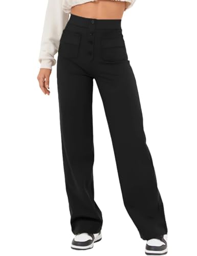 Flygo Womens High Waisted Multiple Pockets Straight Leg Flexipants Stretchy Work Trousers Button Down Casual Pants(Black-M), Medium