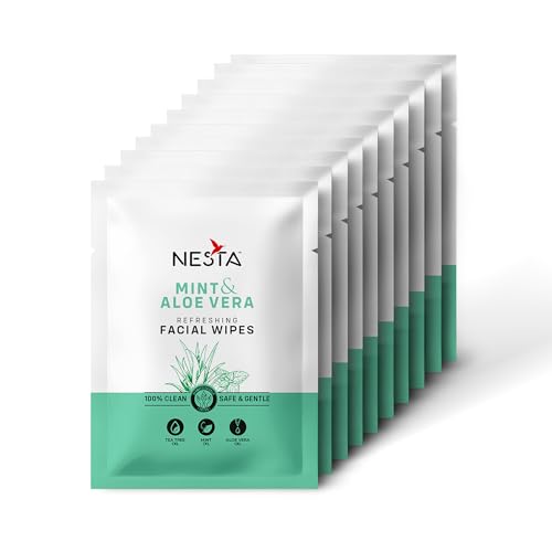 Image of Nesta Individually Packed Facial Wet Wipes for Women & Men; Mint & Aloe-Vera; Clears Dirt, Gives Fresh & Glowing Skin with Moisture; Alcohol Free, Eco Friendly(10 Packets x 10 Wipes = 100 Wipes)