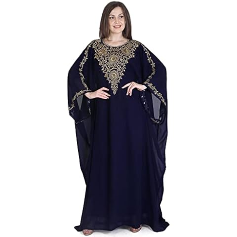 Women Kaftan Farasha Long Maxi Dress Long Sleeves Ethnic, Bridal, Evening, Party, Dress with Free Scarf | Size- Free Navy Blue Cover