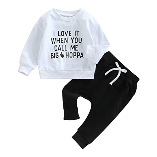Image of Toddler Baby Boy Clothes Letter Print Crewneck Sweatshirt Top Long Pants 2PCS Fall Winter Outfits Set (White-Big Hoppa, 0-6 Months)