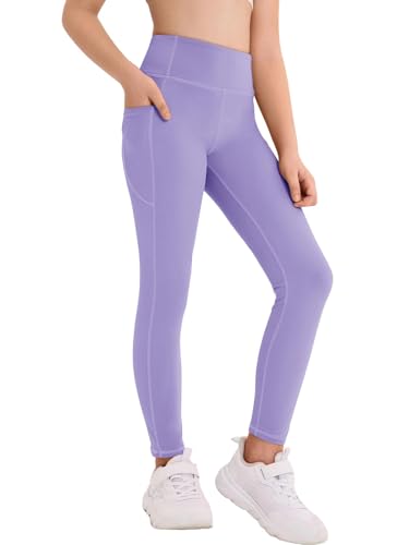Haloumoning Sportleggins Mädchen Elastisch Einfarbig Sporthose Kinder Lang Yoga Jogging Training Leggings Lila 7-8 Jahre