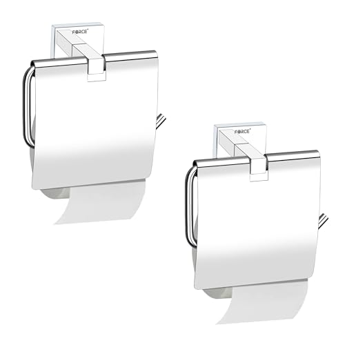 Image of Force Toilet Paper Holder with Shelf - Pack of 2 - Wall Mounted Stainless Steel 304 - Brushed Chrome Finish - Square Brass Base - Rustproof Bathroom Tissue Roll Stand with Storage Shelf