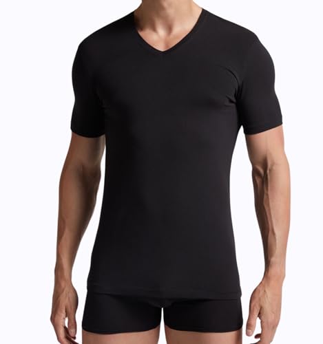 Intimitaly deFonseca - Set 3 Magliette Intime Uomo Cotone Pettinato Girocollo e Scollo V T Shirt Finissima Cuciture Piatte Intimo Maglietta Uomo Nera Bianca e Colorata (3 Nere Scollo V, XL)