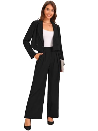 Allegra K Women's 2 Piece Set Business Casual Outfit Notched Lapel Crop Jacket Wide Leg Pant Work Suits