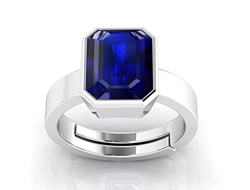 INDIA MADE15.00 Ratti Certified Original Blue Sapphire Silver Plated Ring Panchdhatu Adjustable Neelam Ring for Men and Women by Lab Certified 12538, Silver, Created Sapphire, Silver, Synthetic,